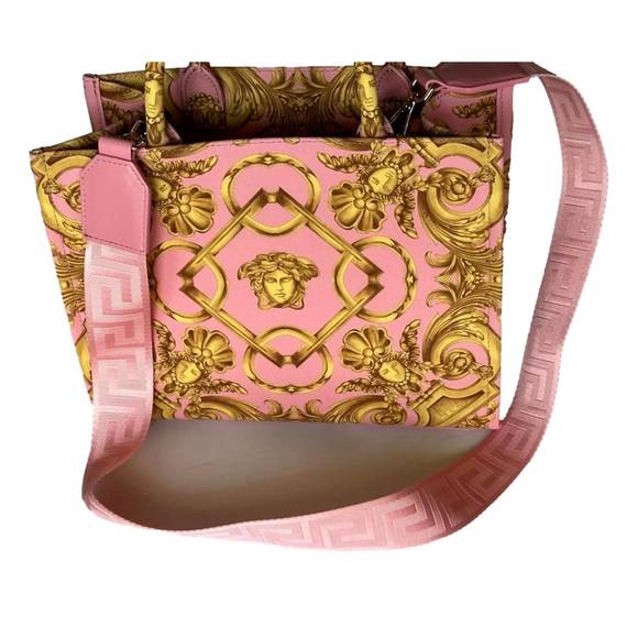 NEW VERSACE women's pastel signature print small canvas tote bag in pink